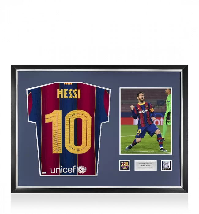 icons MATCH ISSUE Lionel Messi Official FC Barcelona Back Signed and Framed 2020-21 Home Shirt: UEFA Champions League Edition
