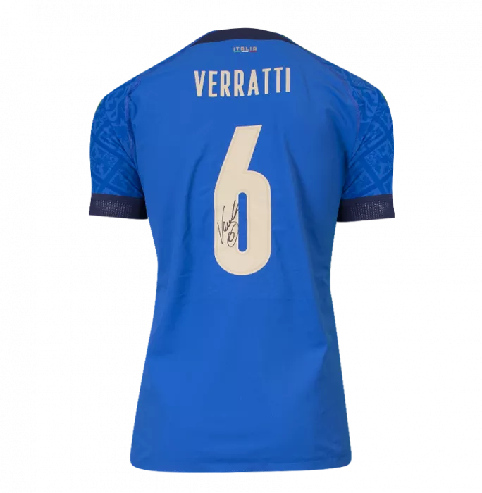 Icons MATCH ISSUE Marco Verratti Back Signed Italy 2020 Home Shirt With Fan Style Numbers In Classic Frame