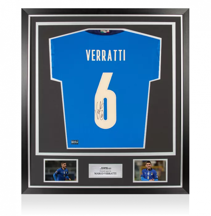 icons MATCH ISSUE Marco Verratti Back Signed Italy 2020 Home Shirt with Fan Style Numbers In Classic Frame