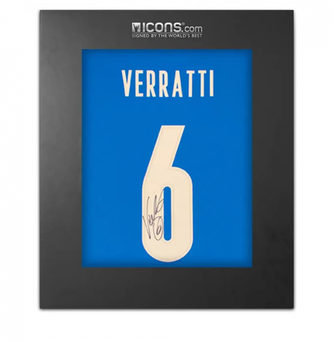 icons MATCH ISSUE Marco Verratti Back Signed Italy 2020 Home Shirt with Fan Style Numbers In Deluxe Packaging