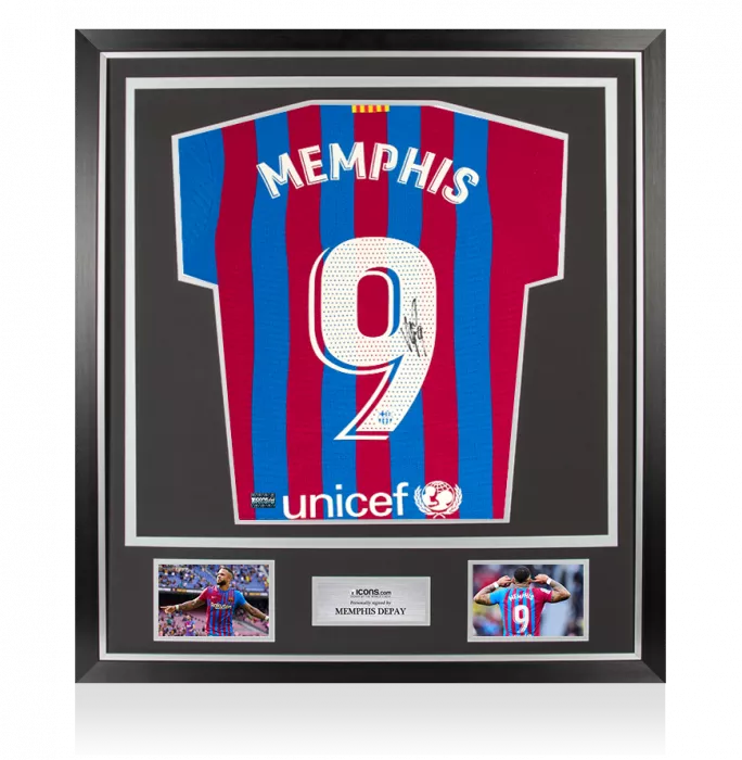 icons MATCH ISSUE Memphis Depay Back Signed FC Barcelona 2021-22 Home Shirt In Classic Frame