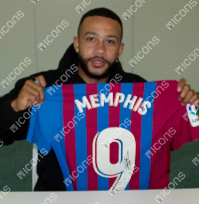 Icons MATCH ISSUE Memphis Depay Official FC Barcelona Back Signed And Framed 2021-22 Home Shirt