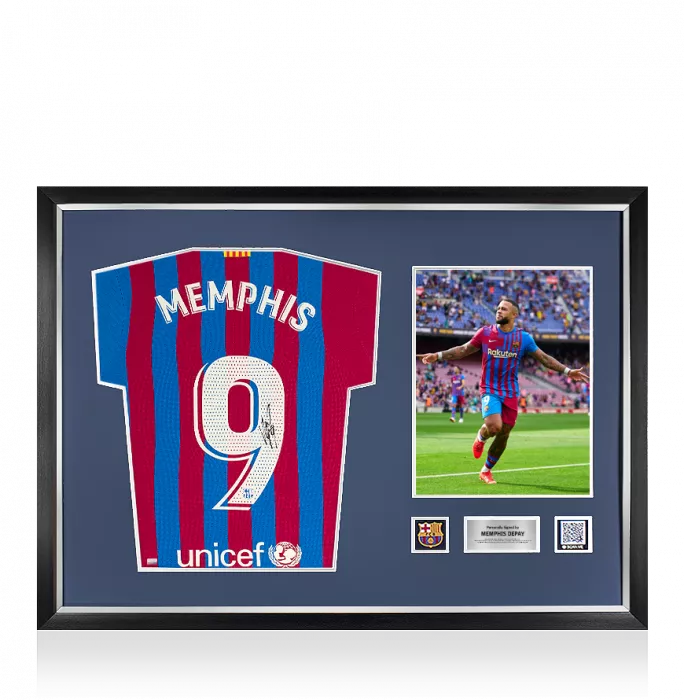 Icons MATCH ISSUE Memphis Depay Official FC Barcelona Back Signed And Framed 2021-22 Home Shirt