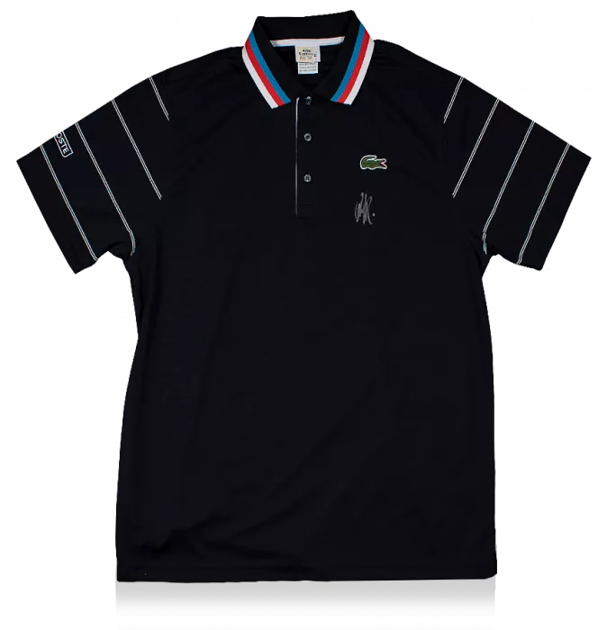 icons MATCH USED Andy Roddick Front Signed Black Lacoste Tennis Shirt: 2010 Australian Open