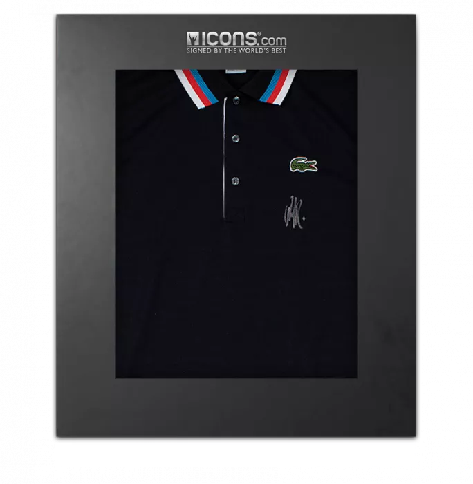 icons MATCH USED Andy Roddick Front Signed Black Lacoste Tennis Shirt: 2010 Australian Open In Deluxe Packaging