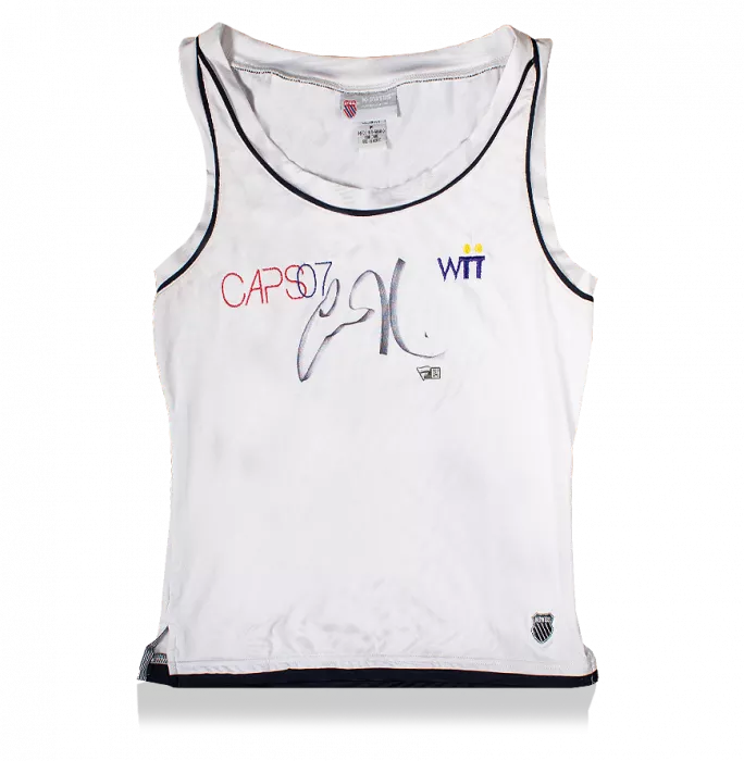 icons MATCH WORN Anna Kournikova Front Signed White and Black K-Swiss Tennis Shirt