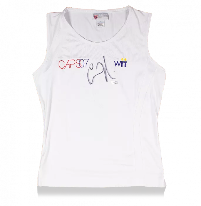 icons MATCH WORN Anna Kournikova Front Signed White K-Swiss Tennis Shirt