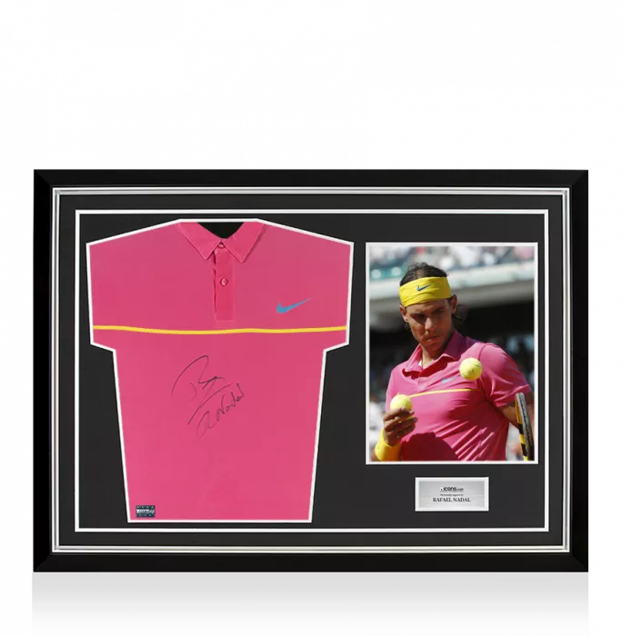 icons MATCH WORN Rafael Nadal Signed Pink and Yellow Nike Shirt In Hero Frame