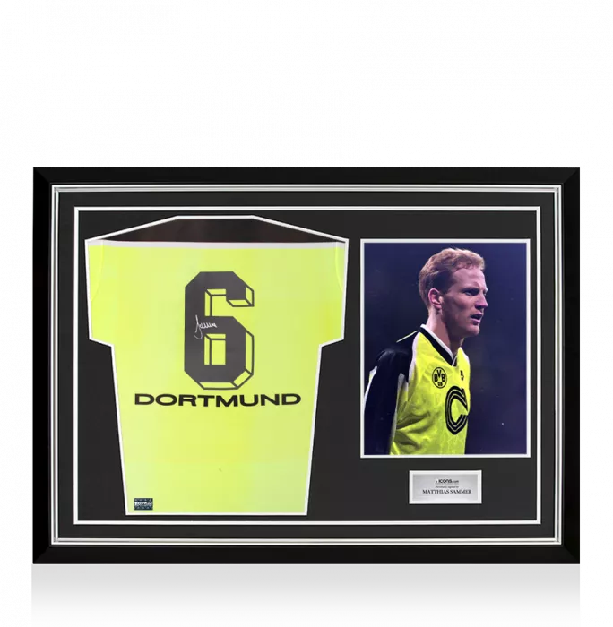 icons Matthias Sammer Back Signed Borussia Dortmund 1997-98 Home Shirt In Hero Frame: Option 1