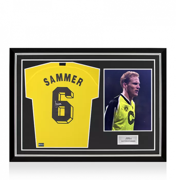 icons Matthias Sammer Back Signed Borussia Dortmund 2019-20 Home Shirt with Fan Style Number In Hero Frame: Option 1