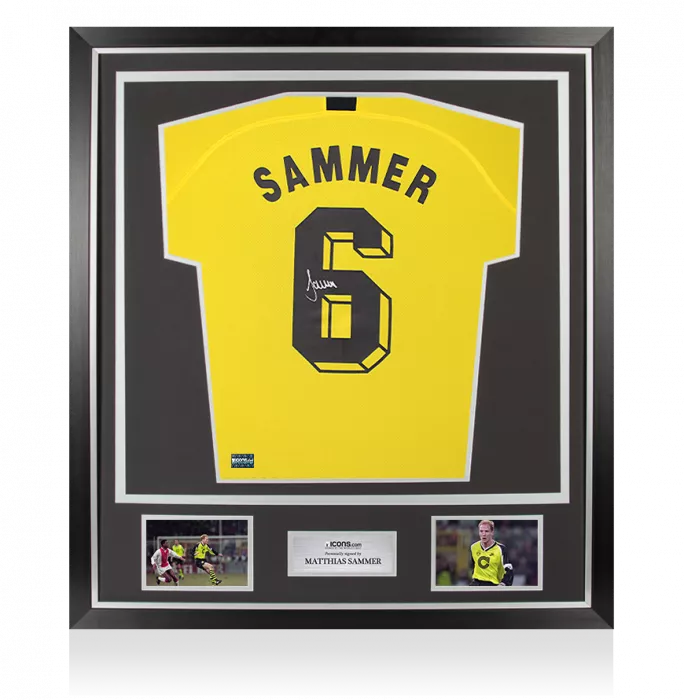 icons Matthias Sammer Back Signed Borussia Dortmund 2019-20 Home Shirt with Fan Style Number In Classic Frame
