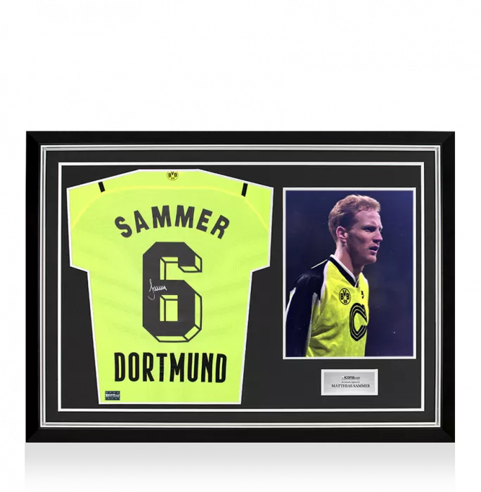 icons Matthias Sammer Back Signed Borussia Dortmund 2021-22 Home Shirt with Fan Style Number In Hero Frame: Option 1