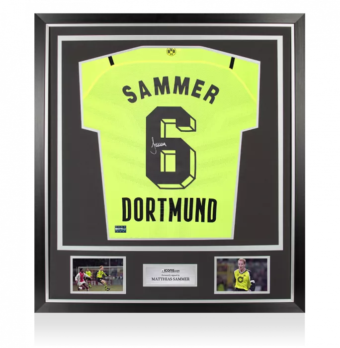 icons Matthias Sammer Back Signed Borussia Dortmund 2021-22 Home Shirt with Fan Style Number In Classic Frame