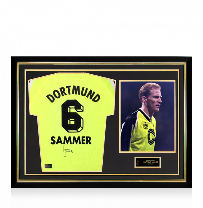 icons Matthias Sammer Official Ballon d'Or™ Back Signed and Hero Framed Borussia Dortmund 1995-96 Home Shirt
