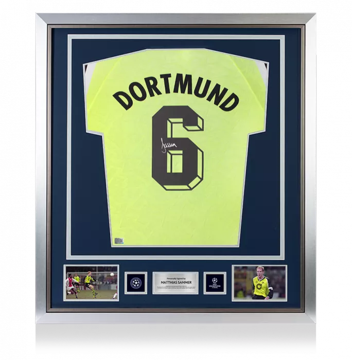 icons Matthias Sammer Official UEFA Champions League Back Signed and Framed Borussia Dortmund 1995-96 Home Shirt
