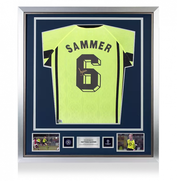 icons Matthias Sammer Official UEFA Champions League Back Signed and Framed Borussia Dortmund 1996-97 Home Shirt