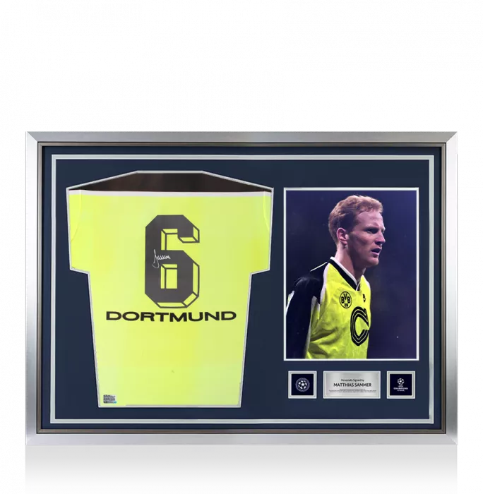 icons Matthias Sammer Official UEFA Champions League Back Signed and Hero Framed Borussia Dortmund 1997-98 Home Shirt