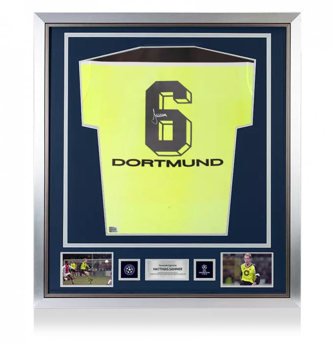 icons Matthias Sammer Official UEFA Champions League Back Signed and Framed Borussia Dortmund 1997-98 Home Shirt