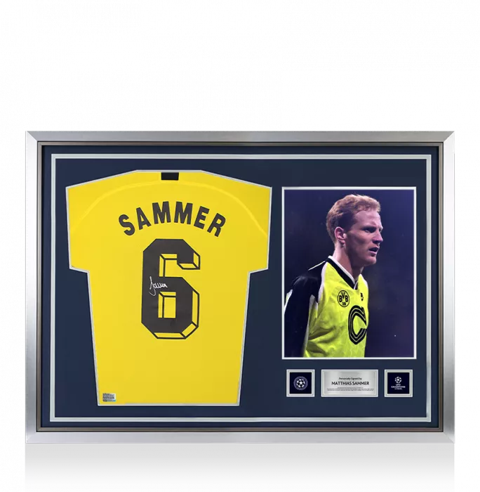 icons Matthias Sammer Official UEFA Champions League Back Signed and Hero Framed Borussia Dortmund 2019-20 Home Shirt with Fan Style Number