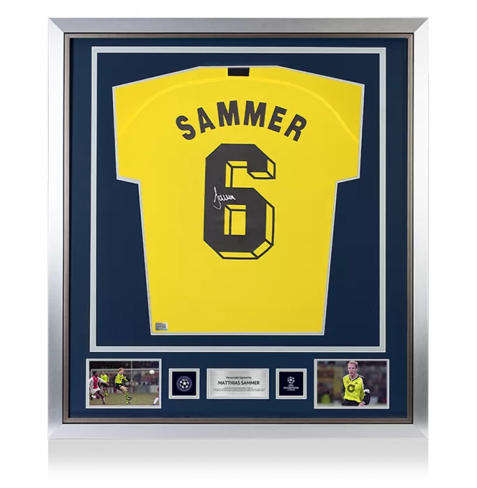 icons Matthias Sammer Official UEFA Champions League Back Signed and Framed Borussia Dortmund 2019-20 Home Shirt with Fan Style Number