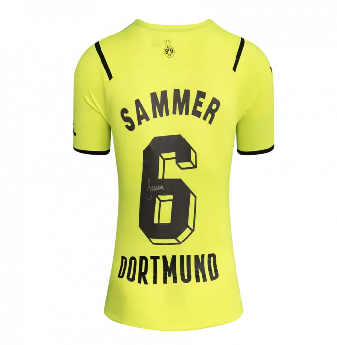 Icons Matthias Sammer Official UEFA Champions League Back Signed And Hero Framed Borussia Dortmund 2021-22 Home Shirt With Fan Style Number