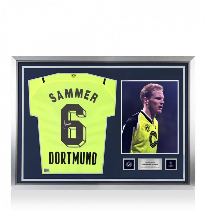 icons Matthias Sammer Official UEFA Champions League Back Signed and Hero Framed Borussia Dortmund 2021-22 Home Shirt with Fan Style Number