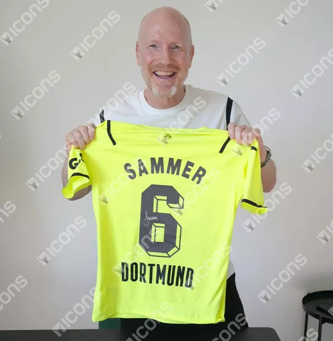 Icons Matthias Sammer Official UEFA Champions League Back Signed And Framed Borussia Dortmund 2021-22 Home Shirt With Fan Style Number