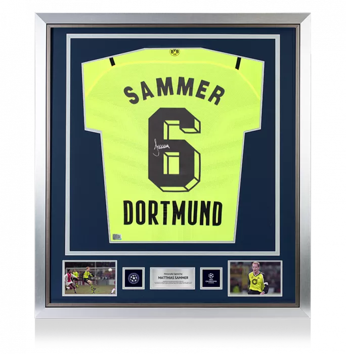 icons Matthias Sammer Official UEFA Champions League Back Signed and Framed Borussia Dortmund 2021-22 Home Shirt with Fan Style Number