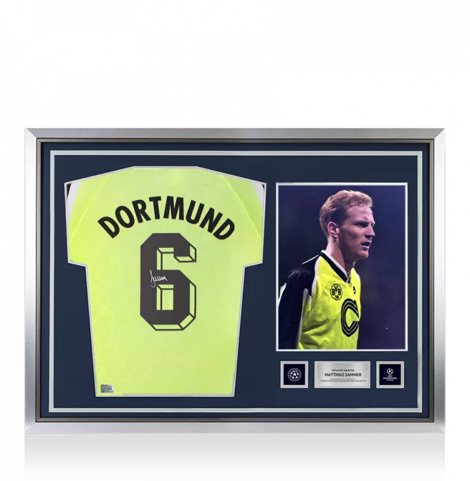 icons Matthias Sammer Official UEFA Champions League Back Signed and Hero Framed Borussia Dortmund 1995-96 Home Shirt