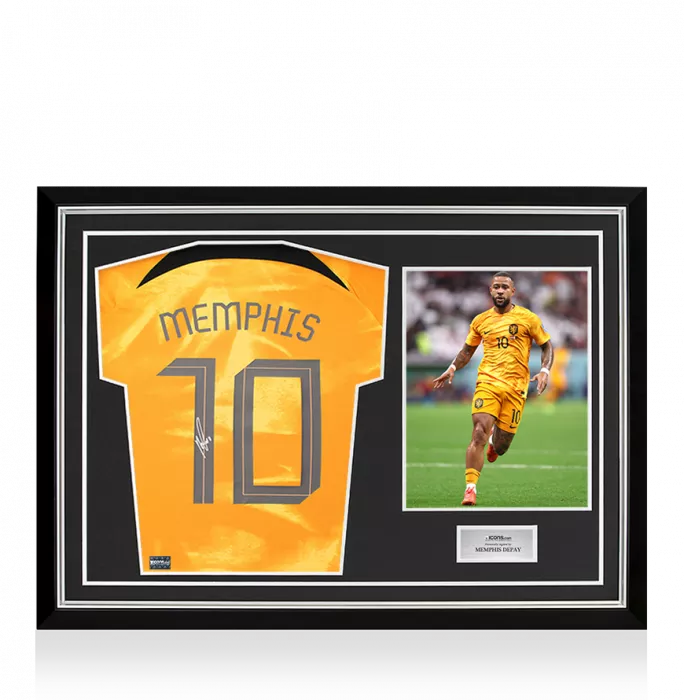 icons Memphis Depay Back Signed Netherlands 2022-23 Home Shirt with Fan Style Numbers In Hero Frame: Option 1