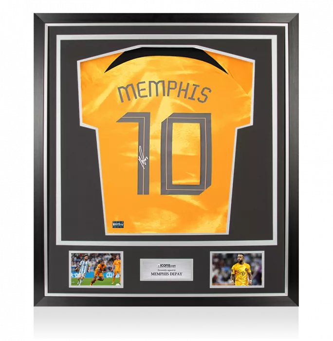 icons Memphis Depay Back Signed Netherlands 2022-23 Home Shirt with Fan Style Numbers In Classic Frame