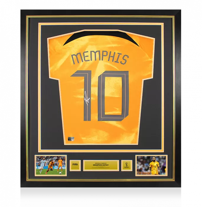 icons Memphis Depay Official 2022 FIFA World Cup™ Back Signed and Framed Netherlands 2022-23 Home Shirt with Fan Style Numbers