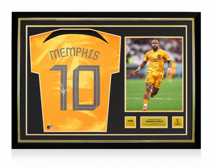 icons Memphis Depay Official 2022 FIFA World Cup™ Back Signed and Hero Framed Netherlands 2022-23 Home Shirt with Fan Style Numbers