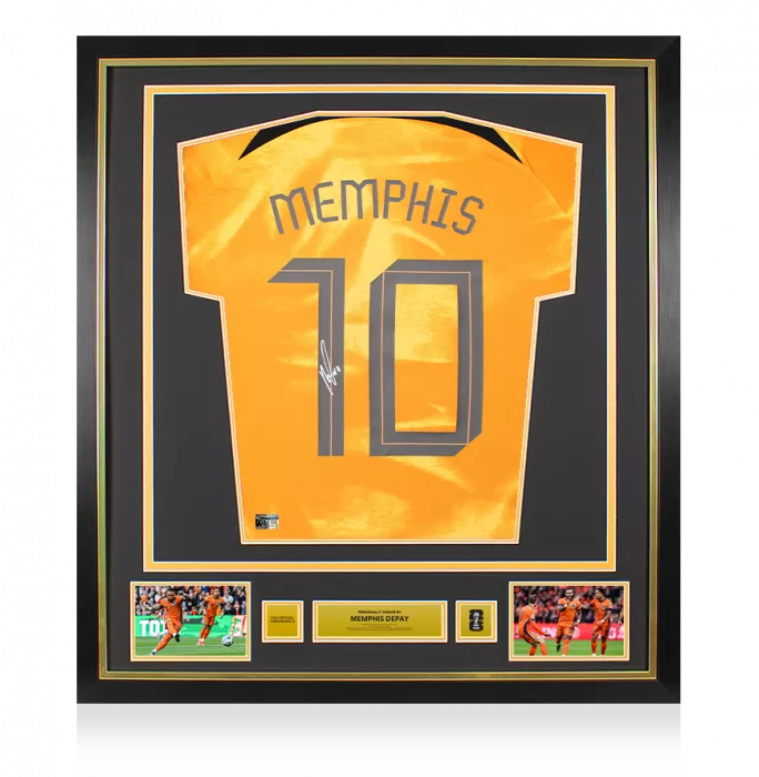 icons Memphis Depay Official 2026 FIFA World Cup™ Back Signed and Framed Netherlands 2022-23 Home Shirt with Fan Style Numbers