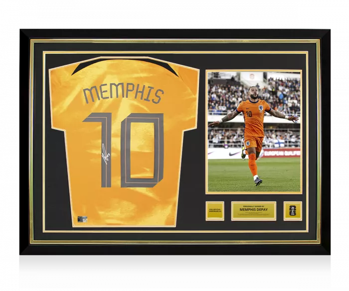 icons Memphis Depay Official 2026 FIFA World Cup™ Back Signed and Hero Framed Netherlands 2022-23 Home Shirt with Fan Style Numbers