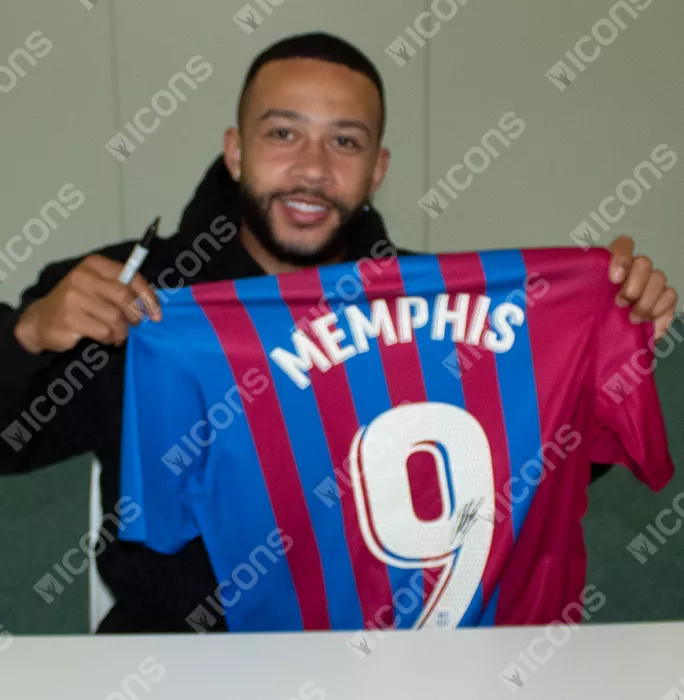 Icons Memphis Depay Official FC Barcelona Back Signed And Framed 2021-22 Home Shirt