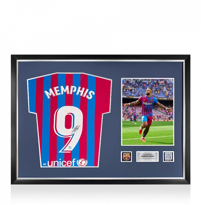 icons Memphis Depay Official FC Barcelona Back Signed and Framed 2021-22 Home Shirt