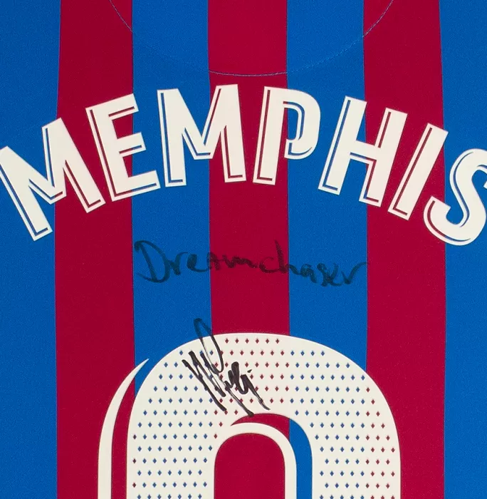Icons Memphis Depay Official FC Barcelona Front Signed And Framed 2021-22 Home Shirt: 'Dream Chaser' Special Edition