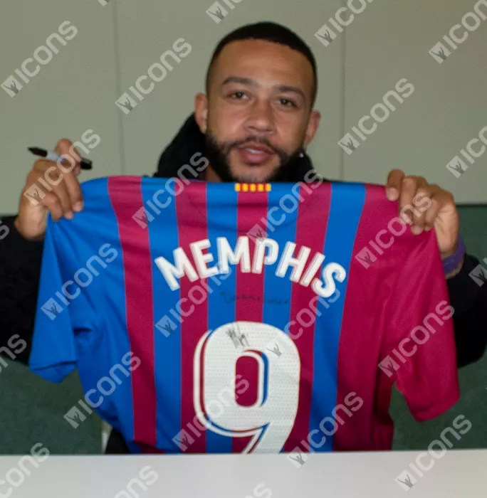 Icons Memphis Depay Official FC Barcelona Front Signed And Framed 2021-22 Home Shirt: 'Dream Chaser' Special Edition