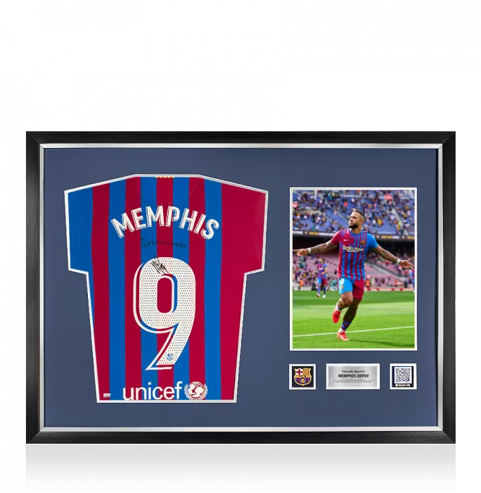 icons Memphis Depay Official FC Barcelona Front Signed and Framed 2021-22 Home Shirt: 'Dream Chaser' Special Edition