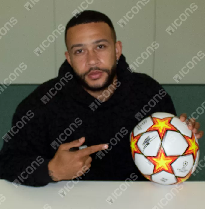 Icons Memphis Depay Official UEFA Champions League Signed Football In Acrylic Case