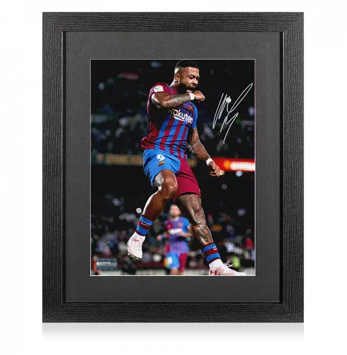 icons Memphis Depay Signed FC Barcelona Photo In Black Wooden Frame