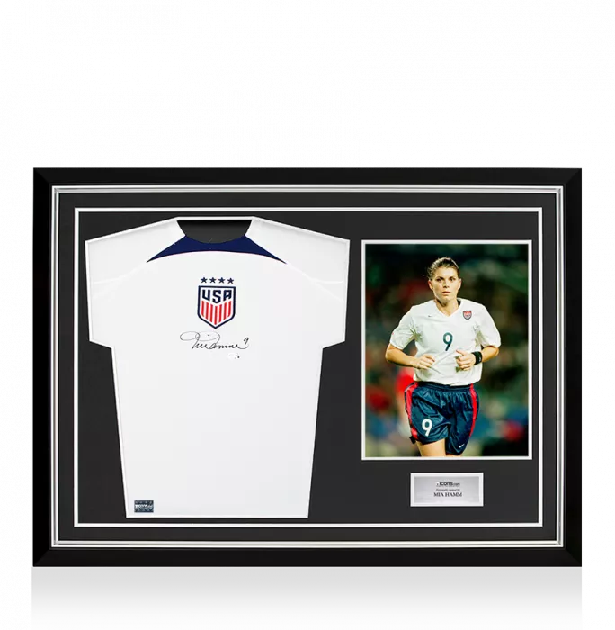 icons Mia Hamm Front Signed USWNT 2023 Home Shirt In Hero Frame: Option 1