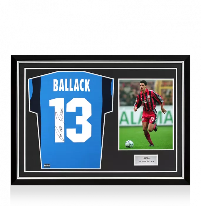 icons Michael Ballack Back Signed Bayer 04 Leverkusen 2001-03 Away Shirt In Hero Frame: Option 1