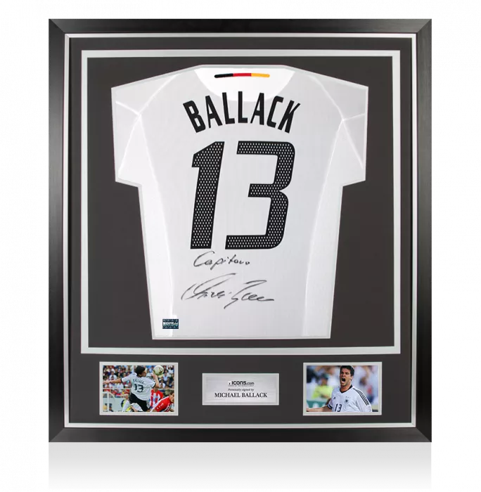 icons Michael Ballack Back Signed Germany 2002-04 Home Shirt - Capitano Inscription In Classic Frame