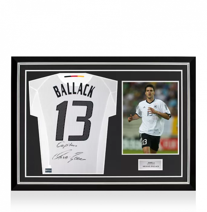 icons Michael Ballack Back Signed Germany 2002-04 Home Shirt - Capitano Inscription In Hero Frame: Option 1