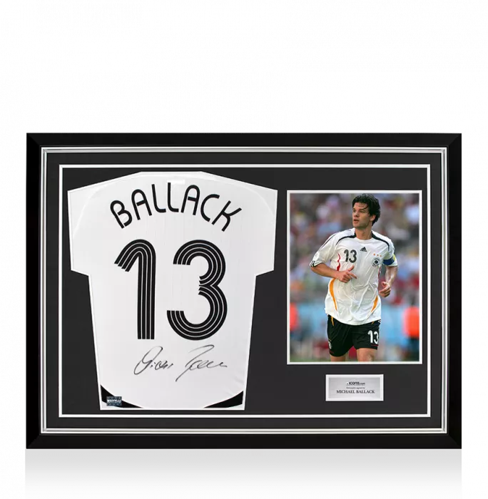 icons Michael Ballack Back Signed Germany 2005-07 Home Shirt In Hero Frame: Option 1