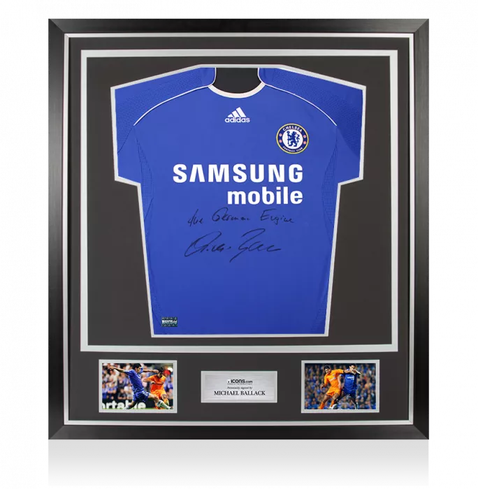 icons Michael Ballack Front Signed Chelsea 2006-08 Home Shirt - The German Engine Inscription In Classic Frame