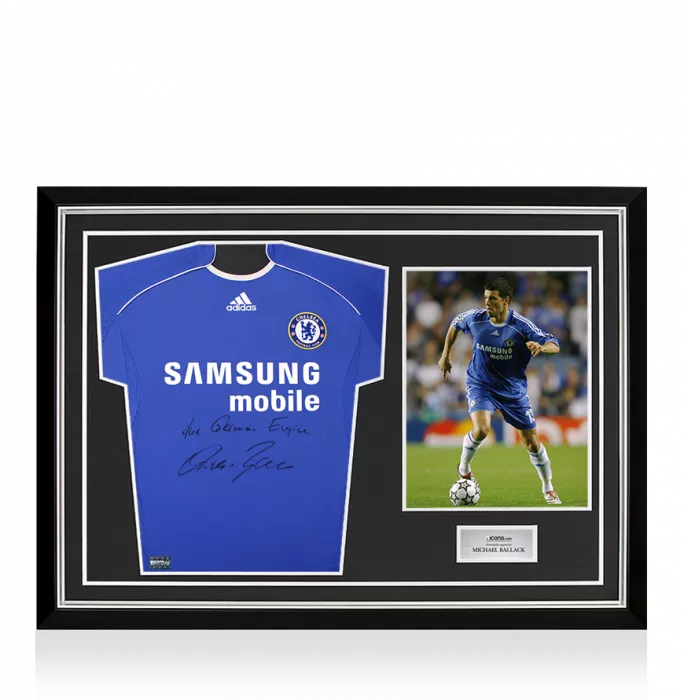 icons Michael Ballack Front Signed Chelsea 2006-08 Home Shirt - The German Engine Inscription In Hero Frame: Option 1