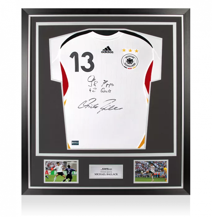 icons Michael Ballack Front Signed Germany 2005-07 Home Shirt - 98 Apps 42 Goals Inscription In Classic Frame